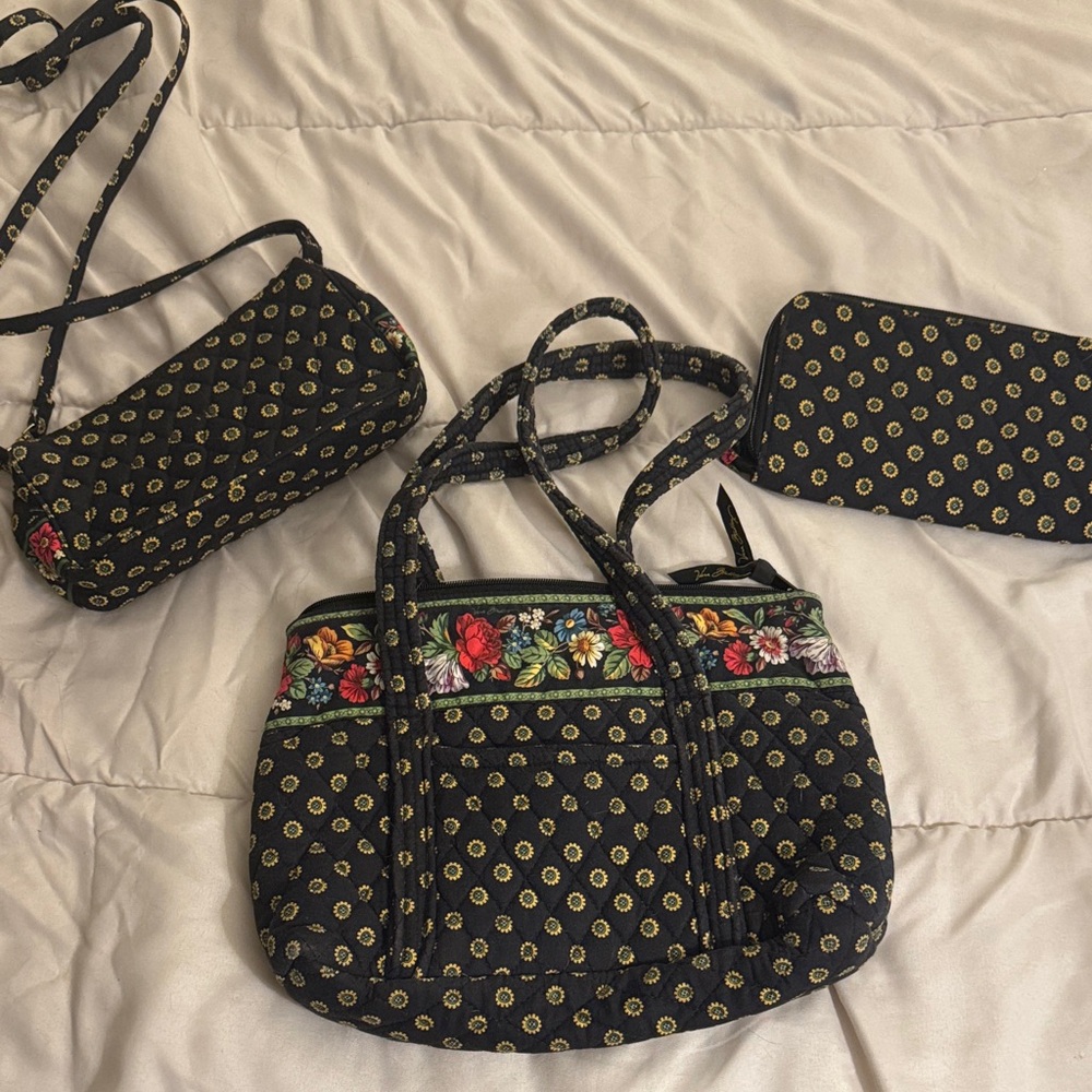 Quilted Floral Trim Black Tote Bag